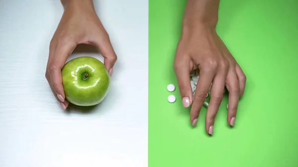 Woman Proposing Apple Instead Pills Healthy Way Life Vitamins Macro — Stock Photo, Image