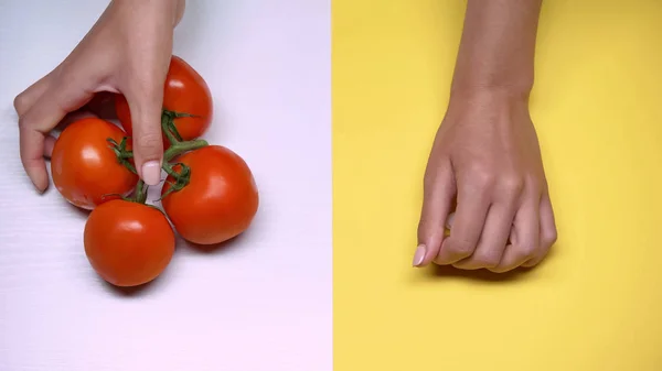Mulher Colocando Tomates Pílulas Mesa Escolha Alimentos Naturais Orgânicos Macro — Fotografia de Stock
