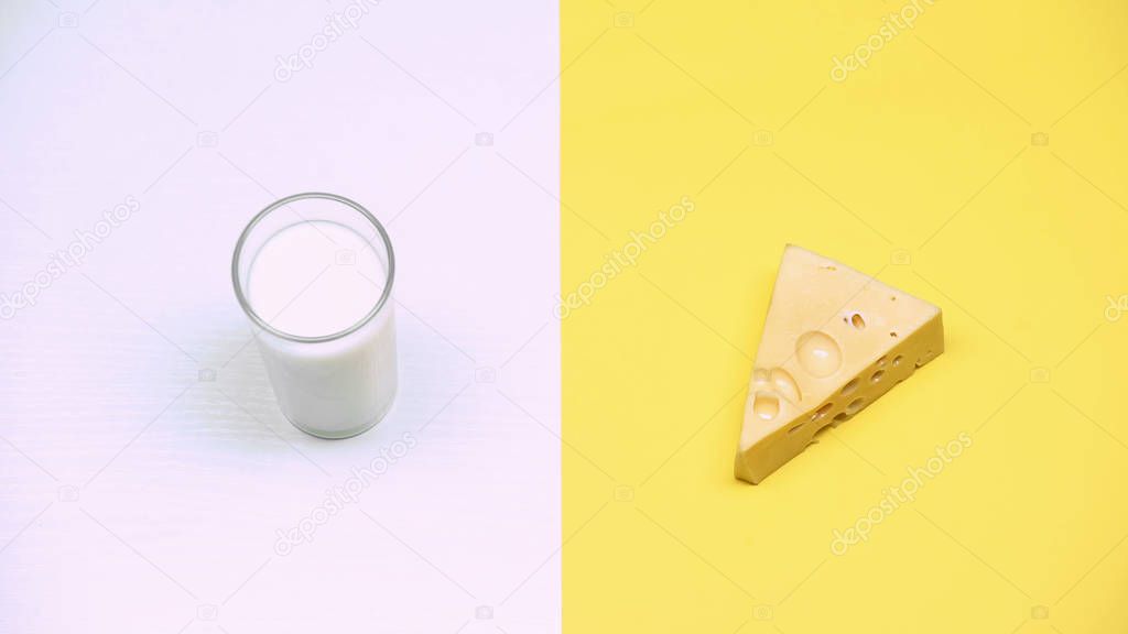 Glass of milk and cheese, dairy products rich in calcium, lactose intolerance