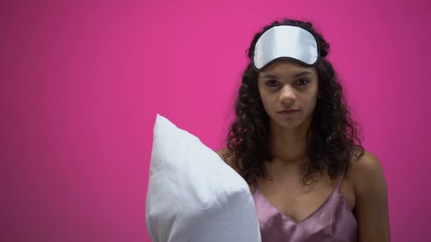 Tired African American Woman Pajamas Eye Mask Holding Pillow Yawning — Stock Video