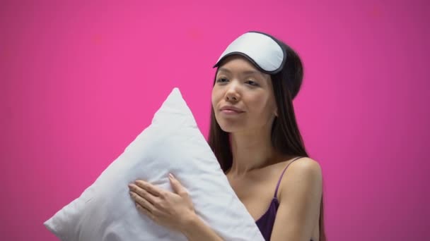 Sleepy Asian Woman Pajamas Eye Mask Yawning Lying Pillow Soft — Stock Video