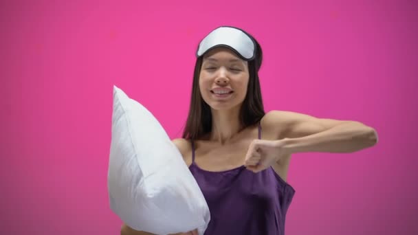 Positive Asian Woman Holding Pillow Stretching Waking Morning Energy — Stock Video