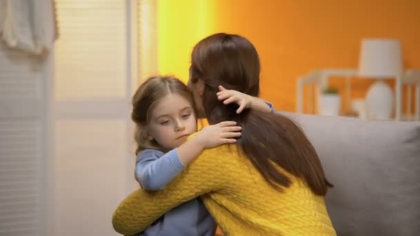 Little Shy Adopted Girl Hugging Young Female Beginning New Life — Stock Video