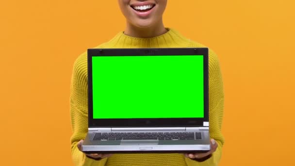 快乐的自由职业者拿着笔记本电脑与绿色屏幕 在线应用程序 小工具 — 图库视频影像