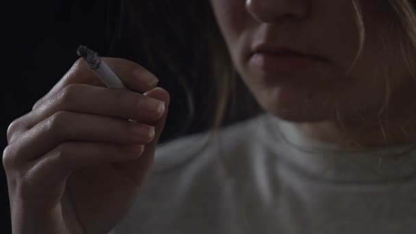 Miserable Woman Eagerly Smoking Cigarette Thinking Her Poor Life Closeup — Stock Video