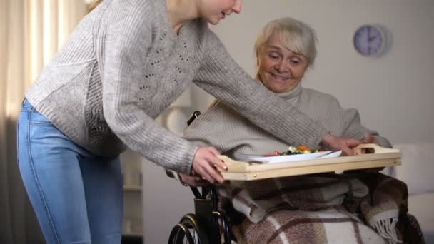 Kvinnliga Frivilliga Serverar Middag Till Handikappade Kvinnor Äldre Sitter Service — Stockvideo