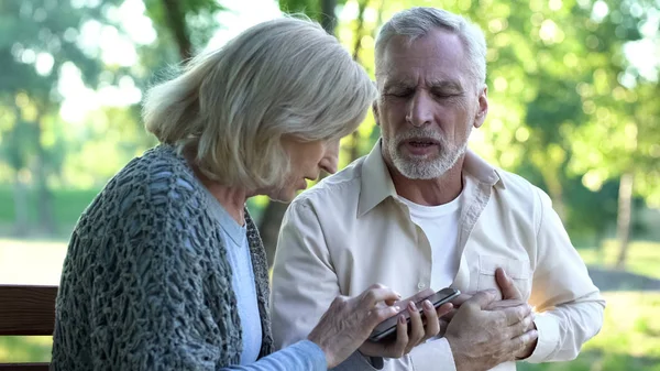 Old Male Having Chest Pain Heart Attack Worried Wife Calling — Stock Photo, Image