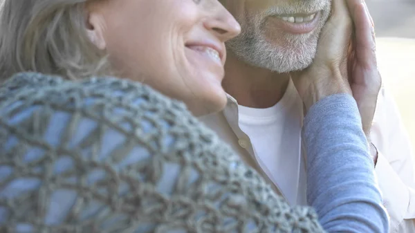 Happy Retired Couple Enjoying Romantic Date Outdoors Woman Touching Male — Stock Photo, Image