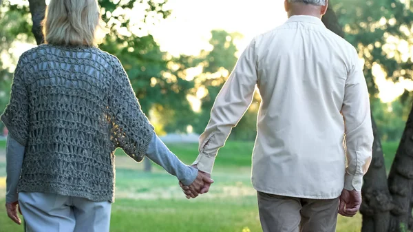 Pareja Mayor Cogida Mano Caminando Parque Cita Romántica Amor Confianza —  Fotos de Stock