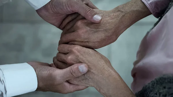 思いやりのある大人の息子の母の手を繋いで 特別養護老人ホーム公園 家族会議 — ストック写真