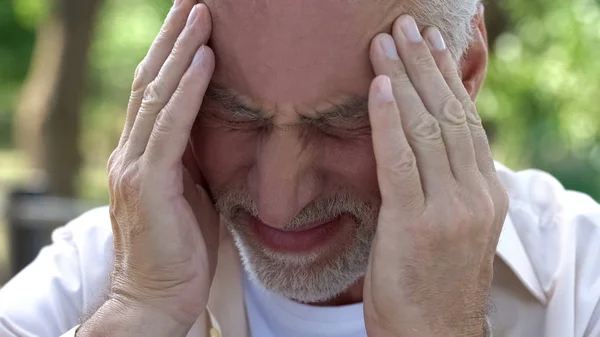 Senior Male Suffering Strong Headache Touching Temples High Pressure Problem — Stock Photo, Image