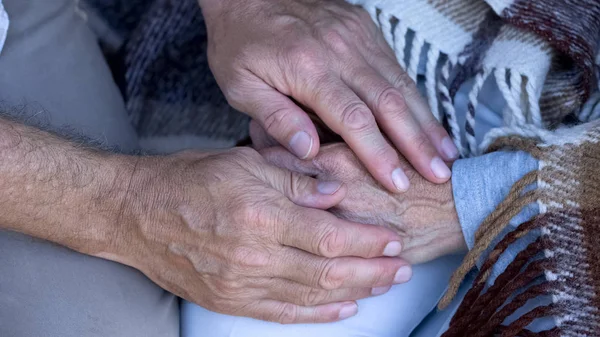 Gammal Hane Håller Kvinnlig Hand Omfattas Filt Våldsoffer Närbild — Stockfoto