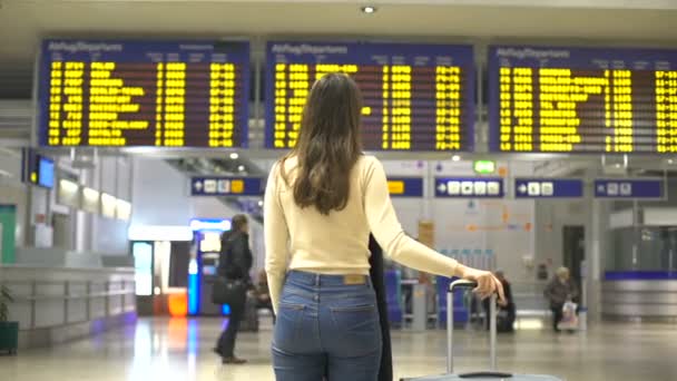 Femme Voyageuse Regardant Enregistrement Des Départs Aéroport Voyage — Video