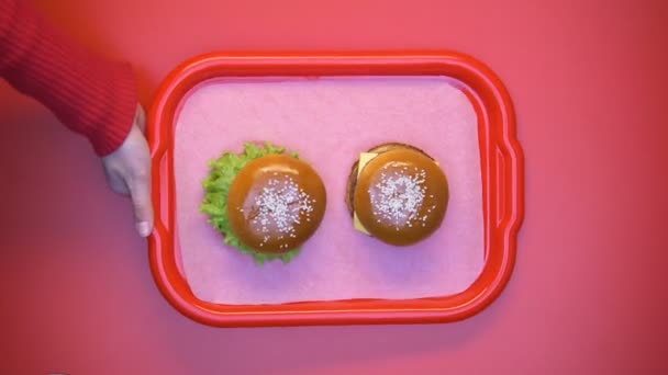 Γυναίκες Που Λαμβάνουν Cheeseburger Και Χορτοφαγικά Σάντουιτς Από Πλαστική Θήκη — Αρχείο Βίντεο