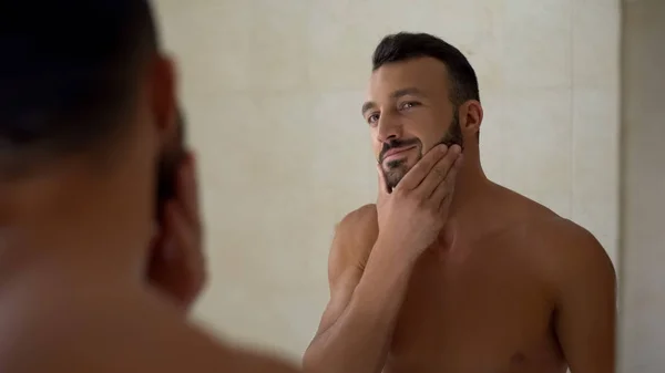 Sexy Man Proudly Touch Beard Moustache Visiting Barbers Shop Haircut — Stock Photo, Image