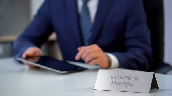 Male Accounting Manager Working Tablet Typing Message Zooming Files — Stock Photo, Image