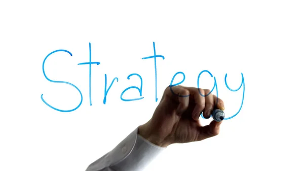 Homem Negócios Escrevendo Palavra Estratégia Quadro Branco Apresentação Empresa Relatório — Fotografia de Stock