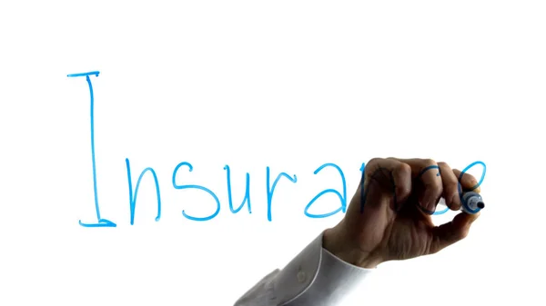 Geschäftsmann Schreibt Versicherungswort Auf Glas Finanzschutz Stabilität — Stockfoto