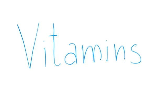 Vitaminen Woord Geschreven Glas Organische Essentiële Voedingsstoffen Gezond Eten — Stockfoto