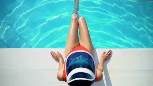 Lady Sexy Bikini Tanning Relaxing Pool Summer Holidays Top View — Stock Photo, Image