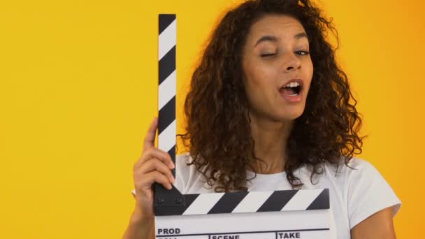 Woman Winking Using Clapper Board Shooting Positive Film Movie Production — Stock Video