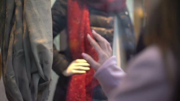 年轻漂亮的女士看着商店橱窗里的衣服 梦想着买 没有钱 — 图库视频影像
