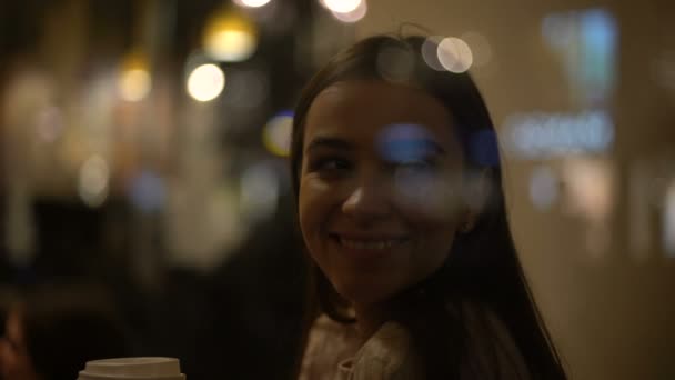 Happy Young Female Enjoying Coffee Cafe Looking Window Smiling — Stock Video