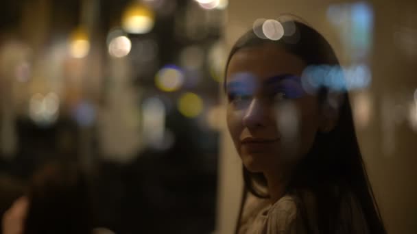 Attractive Young Lady Enjoying Time Cafe Sitting Window Smiling — Stock Video