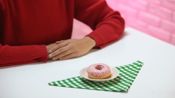 Lady Refusing Eat Bread Pushing Away Plate Table Weightloss Allergen — Stock Video