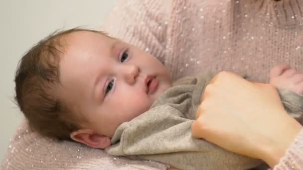 Mom Holding Baby Arms Playing Him Tenderly Touching Nose Cuteness — Stock Video