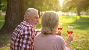 Erkek ve kadın parkta yılını kutlayan ve şarap içme mutlu emekli