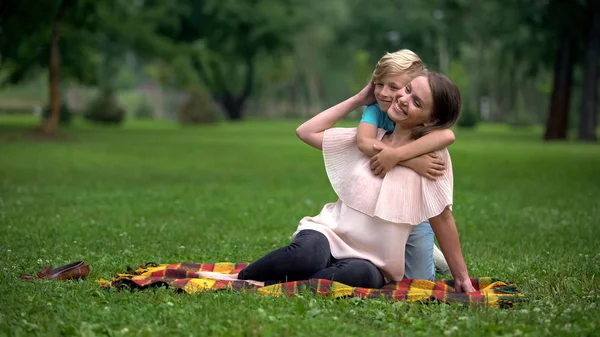 Carefree Boy Hugging Mother Park Social Program Single Parent Family — Stock Photo, Image