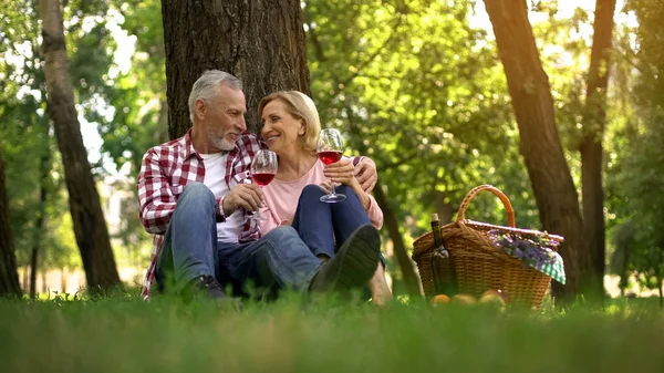 Data Romântica Casal Sênior Sentado Grama Beber Vinho Aniversário — Fotografia de Stock