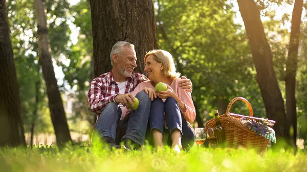 Joyful Casal Idoso Saudável Relaxante Grama Segurando Maçãs Abraços Piquenique — Fotografia de Stock