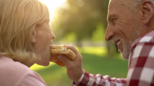 Starszy Mężczyzna Karmienia Jego Żona Fast Food Burger Piknik Romantyczną — Zdjęcie stockowe