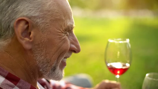 Vrolijke Senior Man Glimlachend Houden Wijnglas Praten Toast Verjaardag — Stockfoto