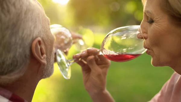 Happy Old Couple Celebrating Anniversary Drinking Wine Outdoor Date Love — Stock Photo, Image