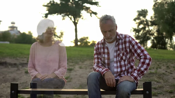 Depressed Old Man Sitting Bench Wife Appearing Loss Sorrow Memories — Stock Photo, Image