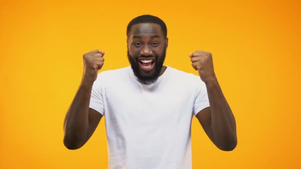 Young Black Guy Making Success Gesture Hands Isolated Yellow Background — Stock Video