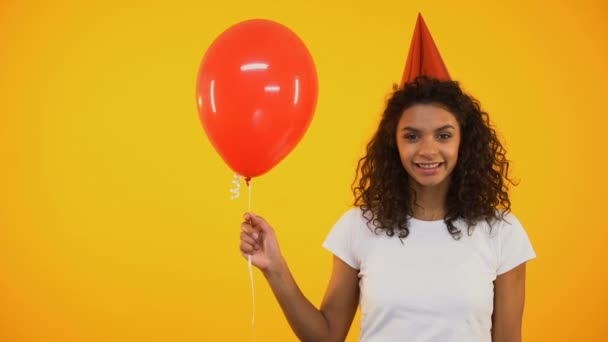 Cheerful Female Teen Holding Red Balloon Smiling Birthday Celebration Fun — Stock Video