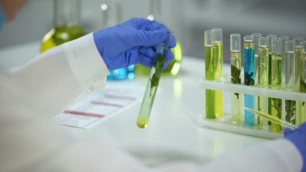 Investigador Laboratorio Goteando Líquido Aceitoso Tubo Con Extracto Cosmetología Vegetal — Vídeo de stock