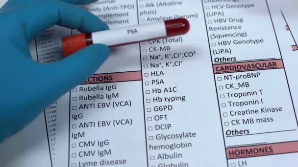 PSA, médico revisando el nombre del antígeno en blanco de laboratorio, mostrando la muestra de sangre en el tubo — Vídeo de stock