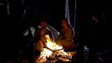 Gece kamp ateşinin etrafında oturup, bira içiyor ve konuşmak, eğlenceli iyi şirket