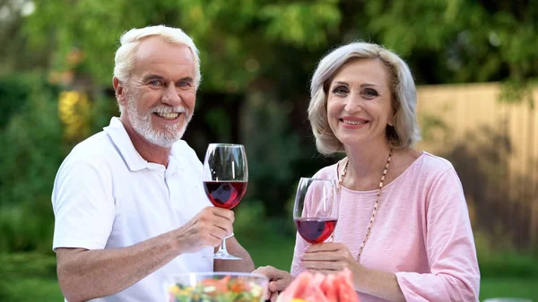 Schönes Älteres Paar Blickt Die Kamera Hält Weingläser Dating Website — Stockfoto