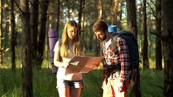Attractifs Jeunes Campeurs Regardant Carte Pour Navigation Droite Recherche Dans — Photo