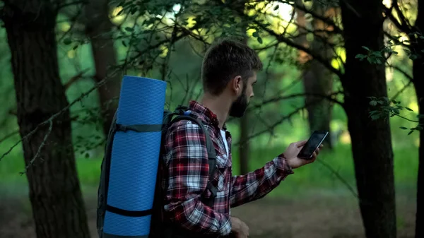 Camper searching for mobile phone signal after lost in woods, bad connection