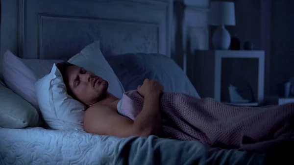 Young Male Sleeping Unwell Suffering Nightmare Bad Sleep Life Troubles — Stock Photo, Image
