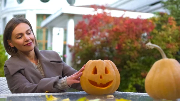 Female Looking Pumpkin Jack Lying Table Preparing Halloween Party — Stock Photo, Image