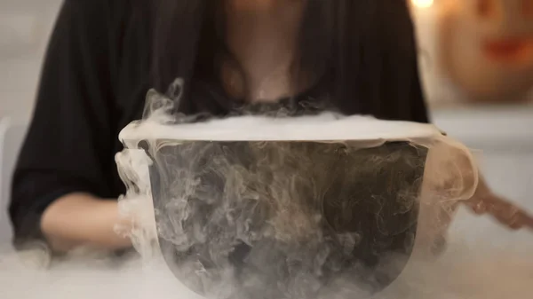 Witch Conjuring Putting Magic Spell Cooking Potion Pot White Smoke — Stock Photo, Image