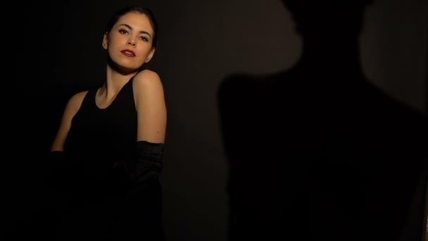 Элегантная женщина в черном платье соблазнительно танцует, стриптиз-шоу, тень на стене — стоковое видео